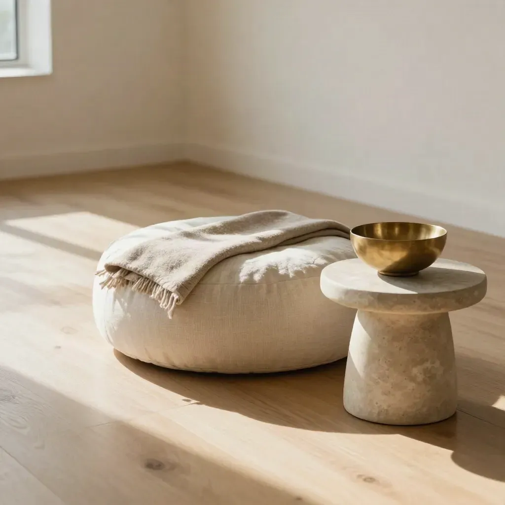 Empty meditation nook with cushion, throw, brass bowl, and stone table in warm morning light.