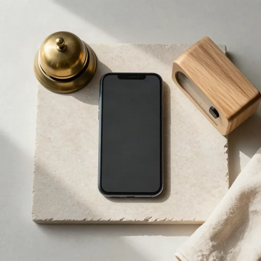 Overhead flatlay of phone, brass bell, stone tray and wooden timer on pale plaster.