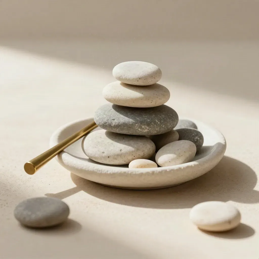 Pebble stack in stone dish beside a brass chime on plaster, viewed from above.