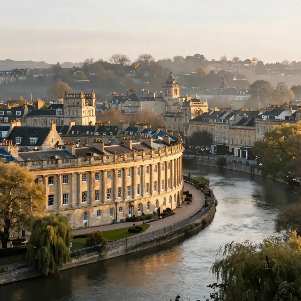 Golden Bath cityscape with river bend and honey limestone terraces in soft haze.